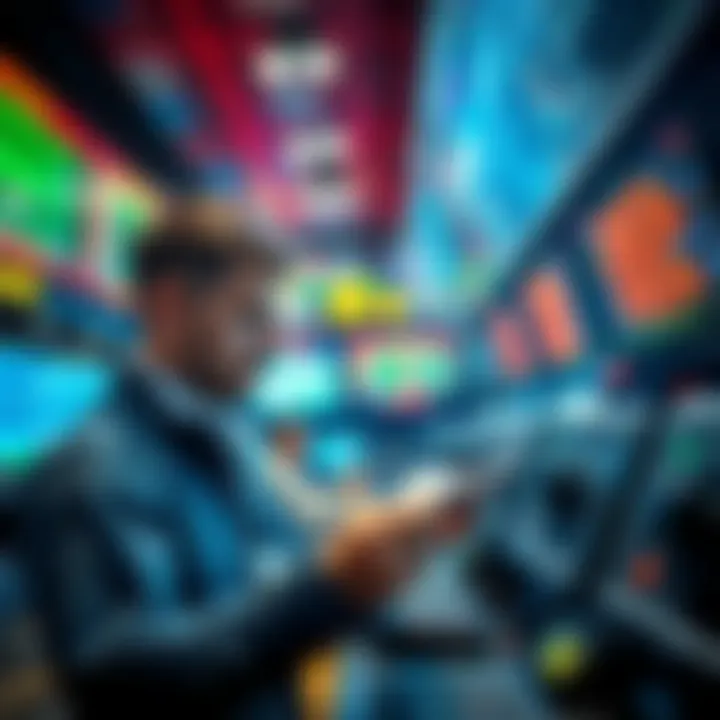 A person placing a bet at a sportsbook with a focused expression, surrounded by betting slips and screens showing odds.