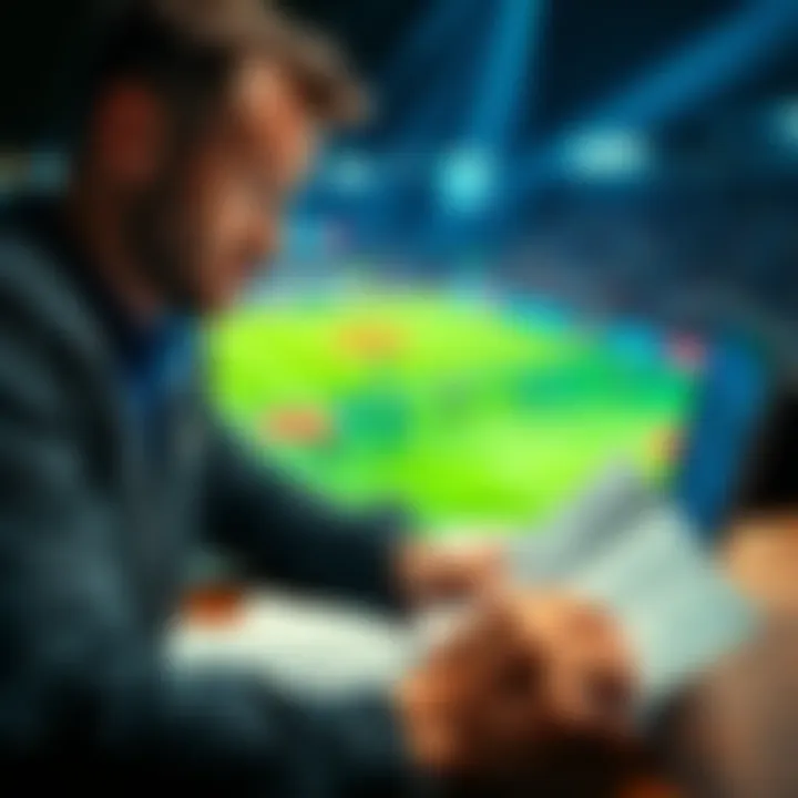 A person analyzing betting strategies with a laptop and betting slips