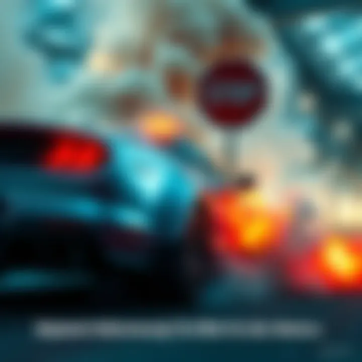 Planned Emergency Stop A vehicle braking sharply, with smoke and debris in the background, illustrating a dramatic scenario