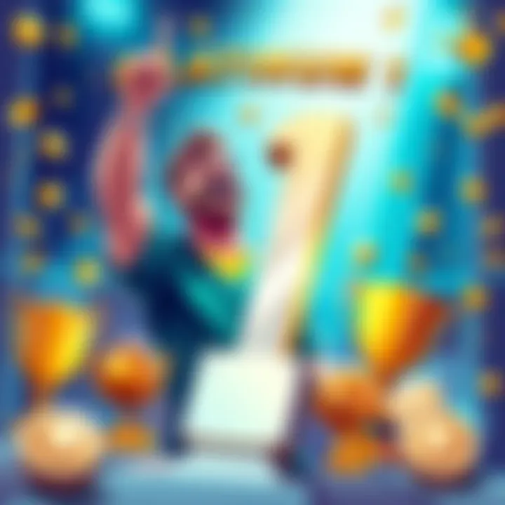 An illustration showing a player celebrating after reaching Platinum 1 rank in a game, with golden trophies and rewards around them.