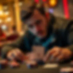 A player thinking over a poker hand with cards on the table and a focused expression.