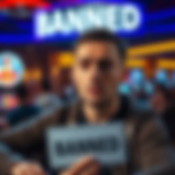 A player looks shocked and disappointed after receiving a permanent ban for winning a jackpot, with a casino background and a 'Banned' sign visible.