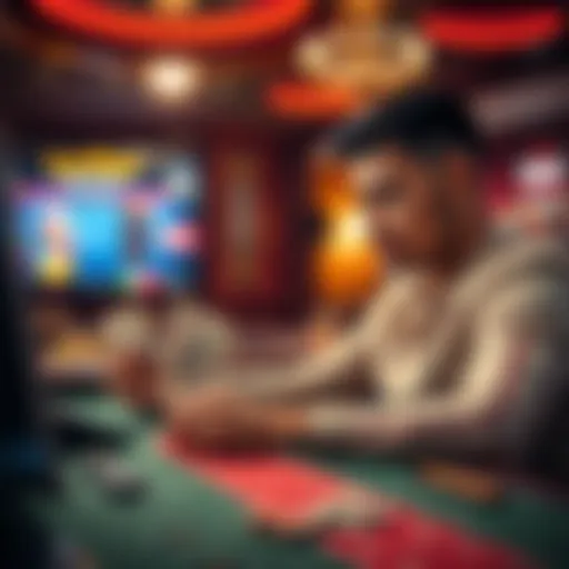 Player Cashing Out Money A person sitting at a casino table with a worried expression while holding cash in one hand and looking at a screen displaying game options.