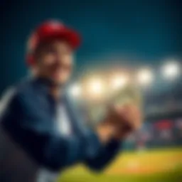 A player smiling while holding cash, with a baseball field scene in the background, representing the excitement of an early cash-out decision.