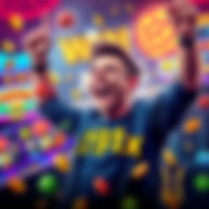 A joyful player celebrating a huge win while playing Sugar Rush Dice, surrounded by colorful game graphics.