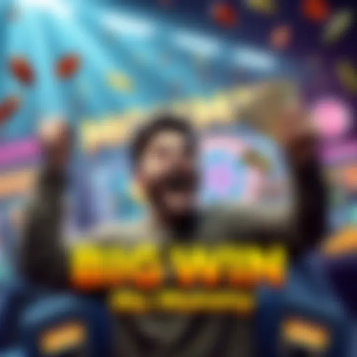 A happy person celebrating a gaming win, holding cash and looking excited, surrounded by game elements from Mo Mummy.