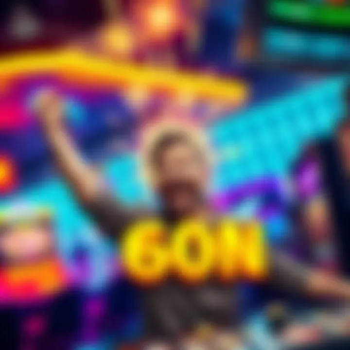 A happy player celebrating a big win at a casino game, with bright lights and excitement in the background.