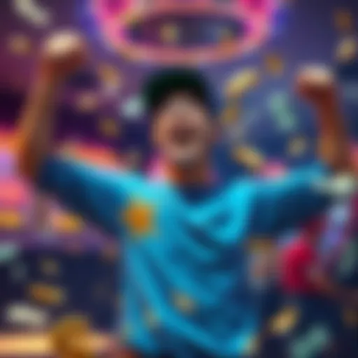 A person happily celebrating a significant win at a gaming app, with symbols of slots and money around them