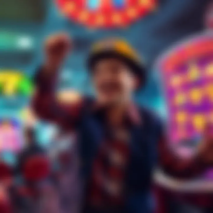 A happy player celebrating after winning big on a slot machine, showcasing excitement and joy from the game.