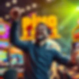 A player joyfully celebrating a huge win at the Plinko game, surrounded by colorful graphics and a bright background representing excitement