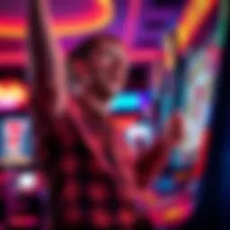 A happy player celebrating after winning five free spins and $8,000 at a slot machine.
