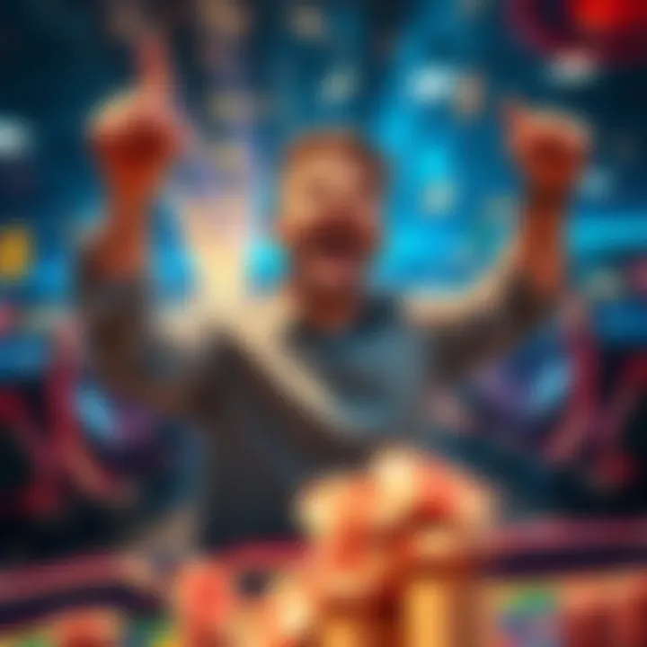 A player joyfully celebrating after winning a big prize in a game with a small bet of 0.05 dollars.