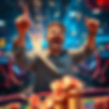Player celebrating a big win A player joyfully celebrating after winning a big prize in a game with a small bet of 0.05 dollars.