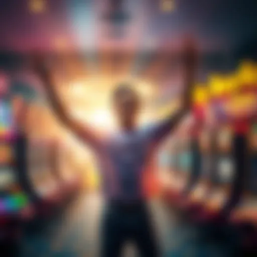 A joyful player with arms raised in celebration, surrounded by casino lights and slot machines after winning over $50,000 with risky spins.