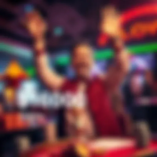 Player celebrating a big win A happy player with hands raised, celebrating after winning a large prize, surrounded by casino elements like chips and cards