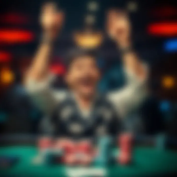 A person joyfully celebrating a big blackjack win, holding up stacks of chips and smiling, with a table in the background.