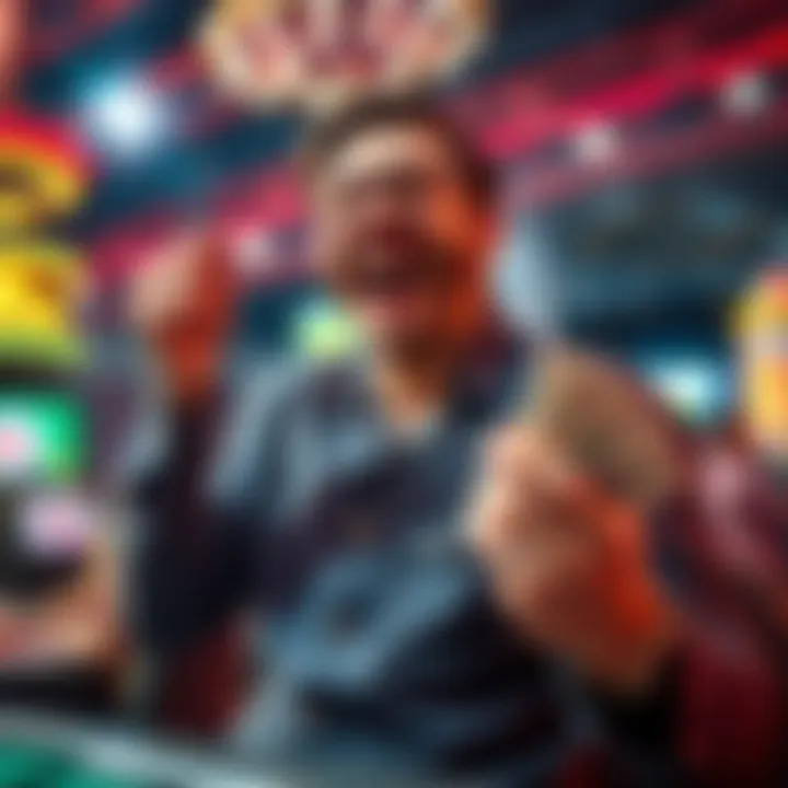 A player joyfully celebrating after winning a large amount at a casino, with chips and cash in hand.