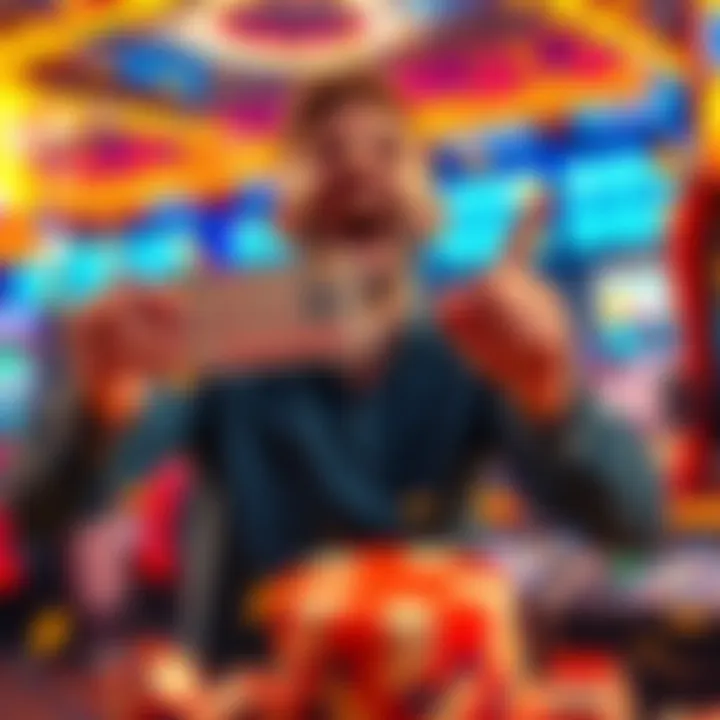 A thrilled player holds a winning ticket and celebrates after a small bet leads to a big jackpot win, showing excitement and disbelief.