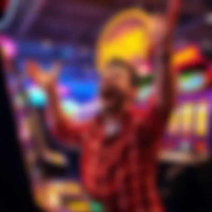 Excited player celebrating a $5,000 jackpot win at a slot machine after betting $20.