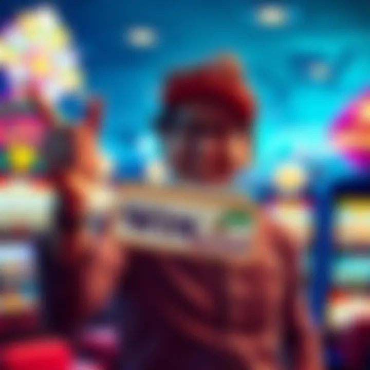 A joyful player holding a winning ticket with dollar bills and casino slot machine in the background