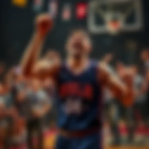 A happy basketball player celebrating a successful bet on the NBA unders, surrounded by friends and social media reactions