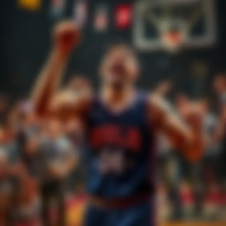 A happy basketball player celebrating a successful bet on the NBA unders, surrounded by friends and social media reactions