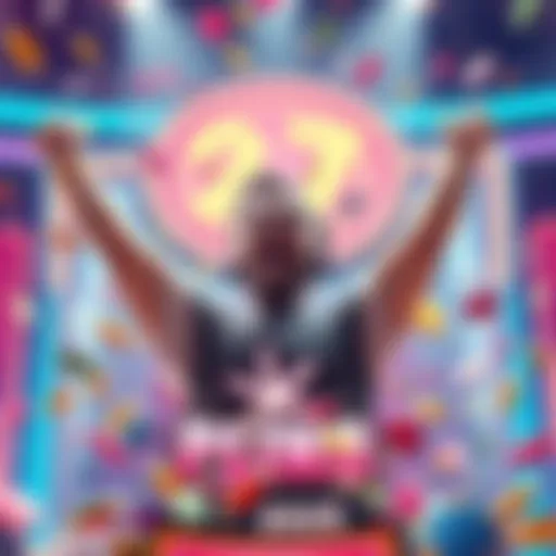 A joyful player celebrating their biggest win in the Plinko game, surrounded by colorful chips and lights