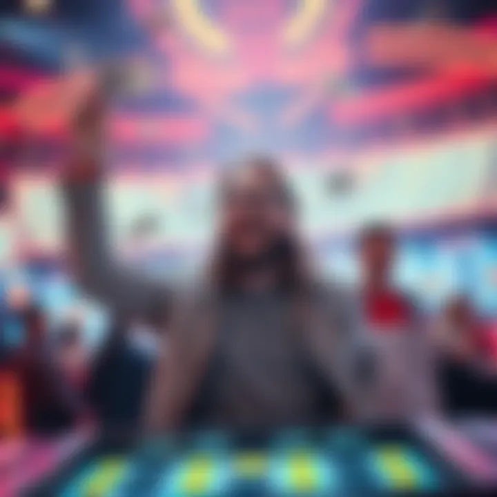 A joyful player celebrating after winning a massive prize at Plinko, with dollar bills in hand.