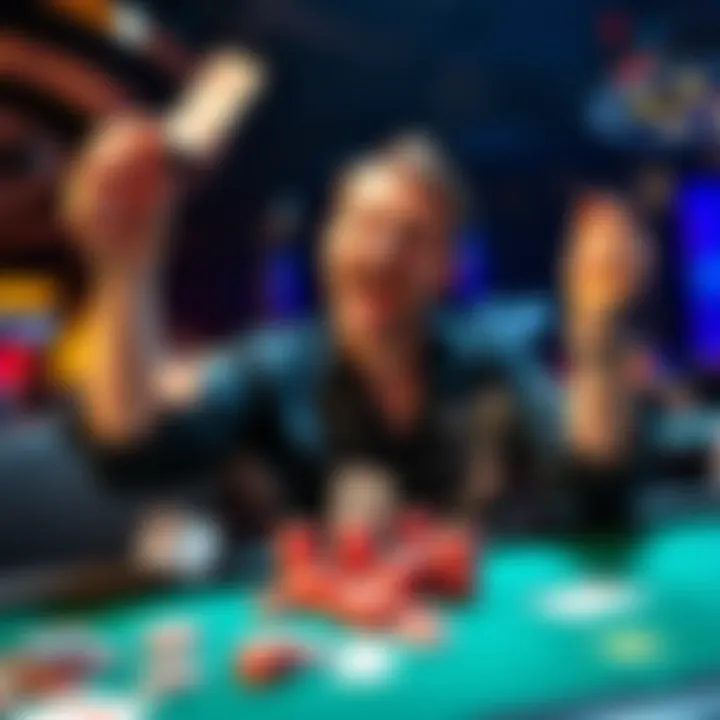 Player celebrating poker win A poker player joyfully celebrating a big win at a tournament, surrounded by poker chips and cards