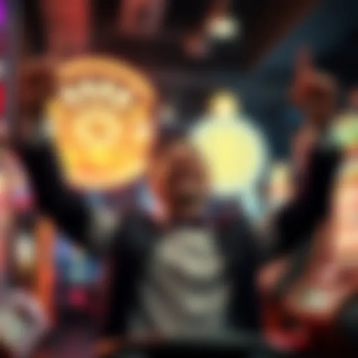 A joyful player with arms raised in celebration after winning at a slot machine