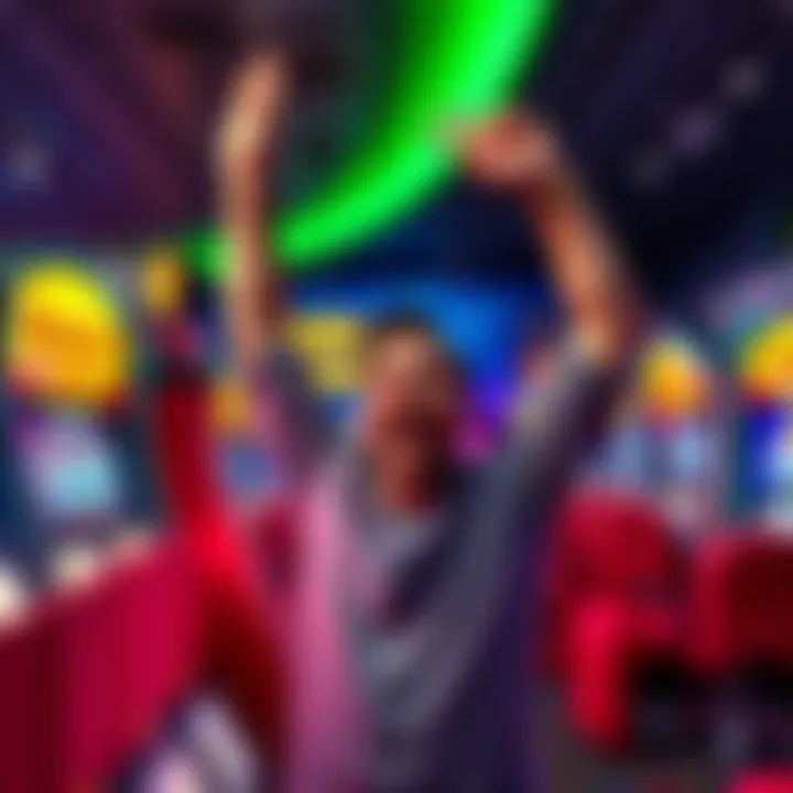 Player celebrating a big win at slot machines A joyful player celebrating a $22,000 win at a slot machine after a small bet of 50 cents