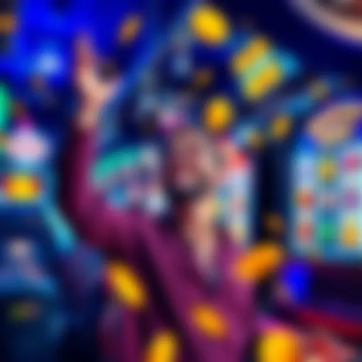 Player celebrating slot win A man celebrating a big win at a slot machine, surrounded by colorful lights and coins.