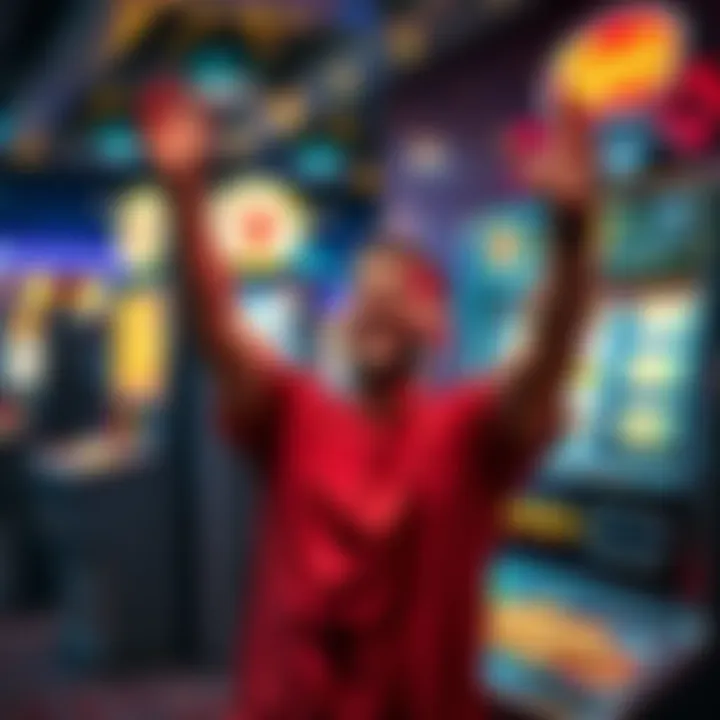 A joyful player raises hands in excitement beside a slot machine filled with coins and bright lights