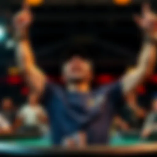 A poker player raises arms in celebration after winning a tournament, showcasing excitement and triumph.