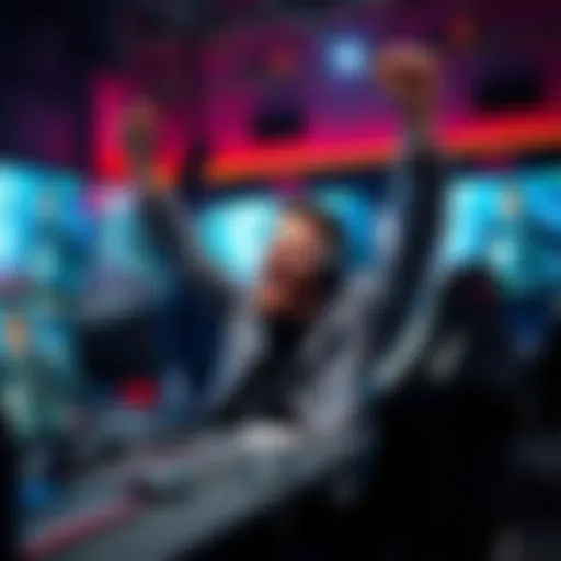 A gamer celebrating a winning bet in CS2, surrounded by gaming gear and screens displaying gameplay.
