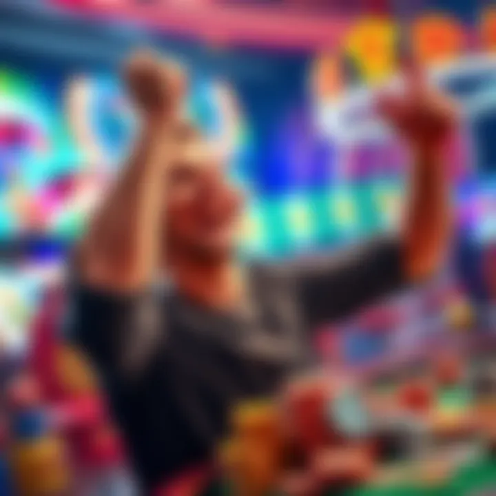 A player joyfully celebrating after winning a large sum of money, surrounded by casino chips and a bright screen showing earnings.