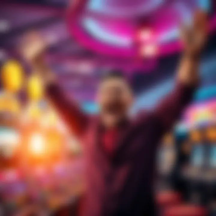 A player smiles and raises his arms in excitement after winning 375 dollars at a casino, surrounded by bright lights and slot machines.
