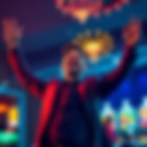 A joyful player throws their arms up in celebration after winning a large sum of money, with casino lights glowing in the background.