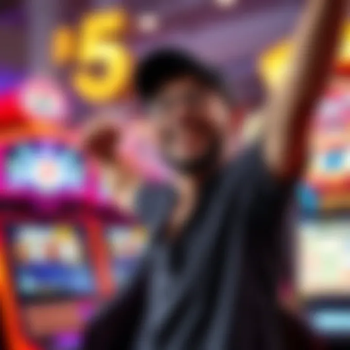 Player celebrating a win A person joyfully celebrating a casino win with cash and a gaming machine in the background.