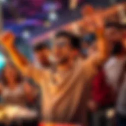 A person joyfully celebrating after winning money in a game, surrounded by friends and excitement