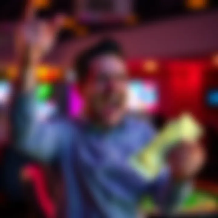 A man joyfully celebrating after winning money from a game, showing cash in his hands.