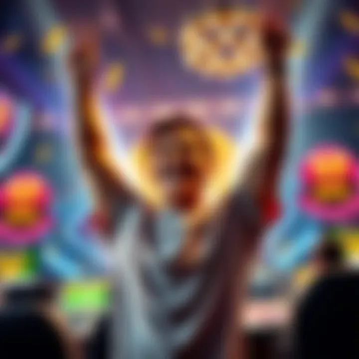 Player celebrating a win A happy person celebrating a gaming win with raised arms, surrounded by bright lights and casino symbols, illustrating excitement and success in gaming.