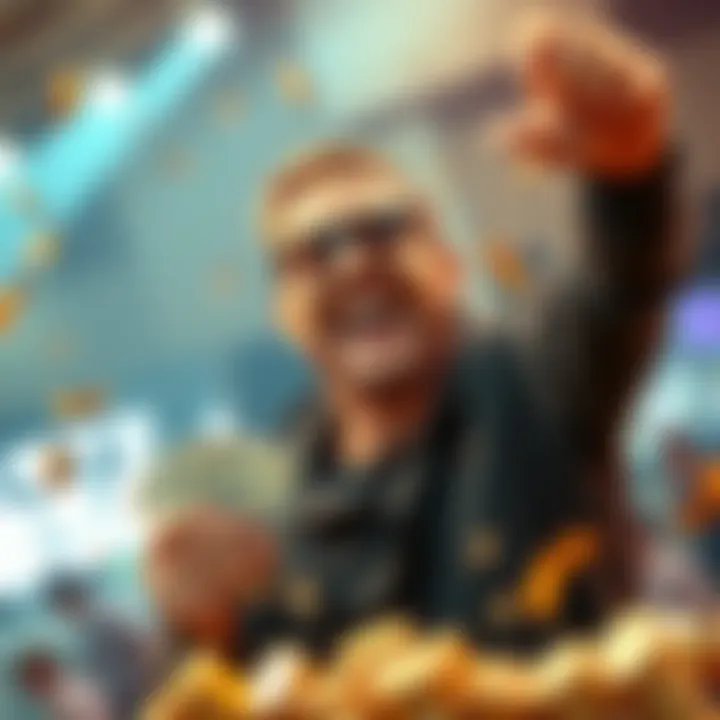 A happy player celebrating after winning a contest, holding cash and looking excited.