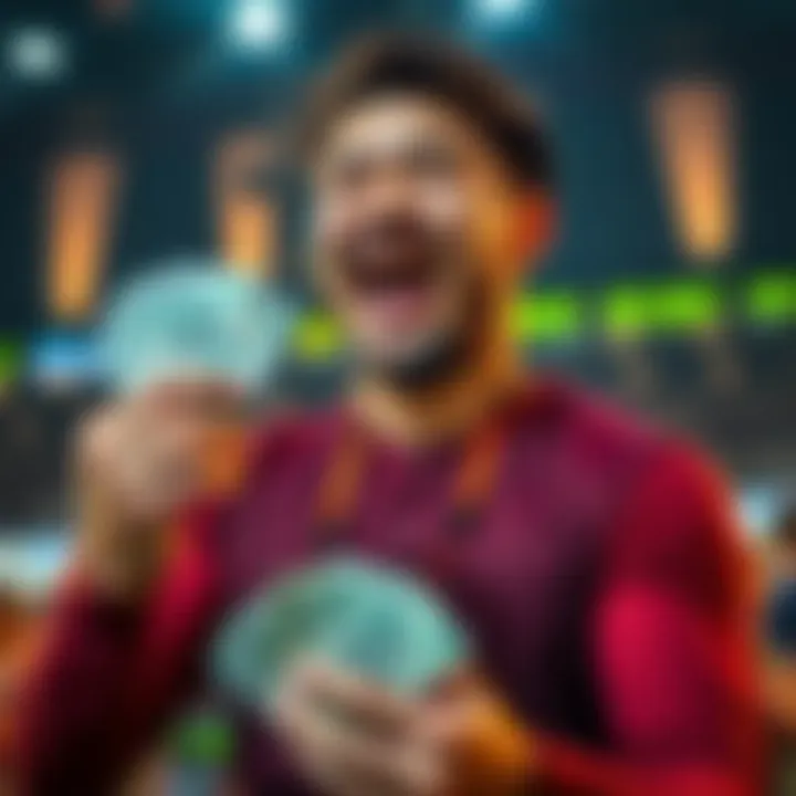 A player with a big smile holding cash, showing excitement after winning a bet