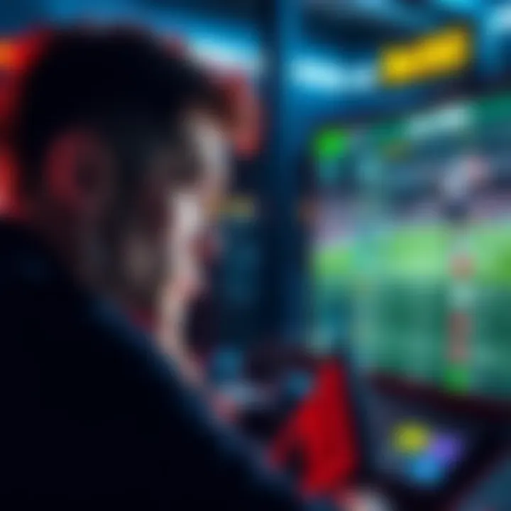 A player looks concerned while viewing betting limits on a screen, with a football match in the background.