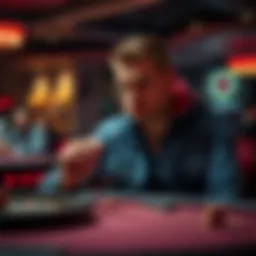 Player contemplating leaving Stake.us A concerned player sitting at a gaming table, looking thoughtful while holding playing chips, symbolizing a decision about leaving an online casino.