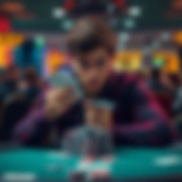 A player sitting at a poker table looking frustrated, with cards in hand and chips in front, pondering about moving to higher stakes games.