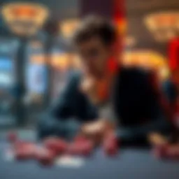 A person sitting at a table with poker chips and cash, pondering a decision about quitting gambling for good.