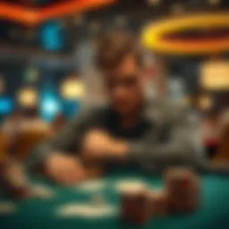 Player contemplating a wager A player looks thoughtfully at a gaming table, hesitating to place a bet, with chips and cards in front of him.