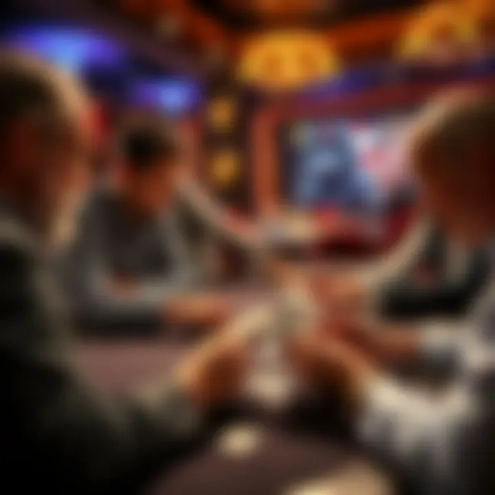 A group of people engaged in a passionate discussion about a WSOP poker hand, focusing on strategies and decisions, with cards being analyzed on the table.